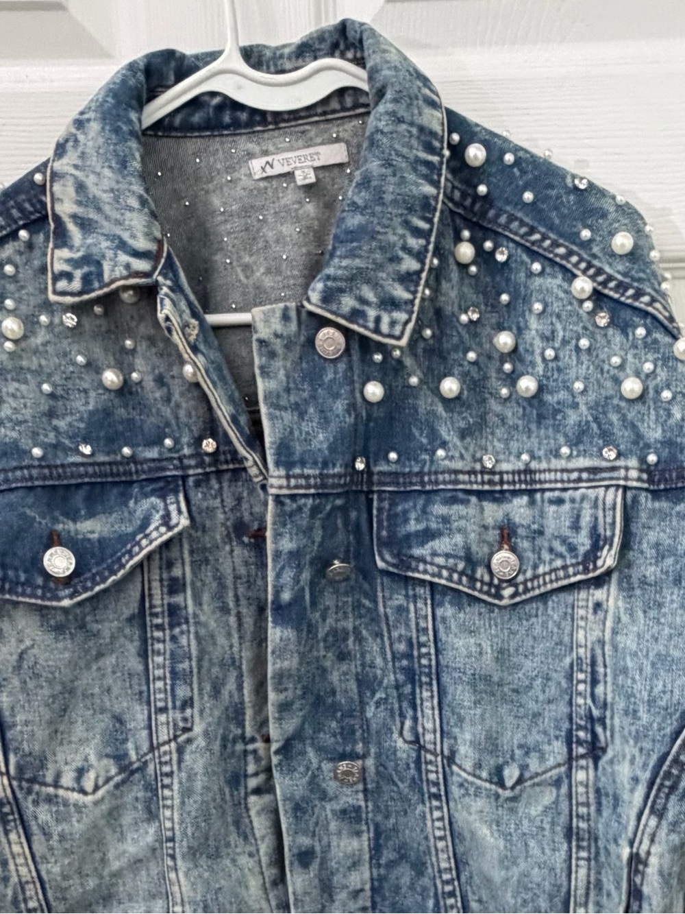 Veveret Pearl Rhinestone Embellished Acid Wash Denim Jacket Small Oversized Glam - Picture 5 of 11